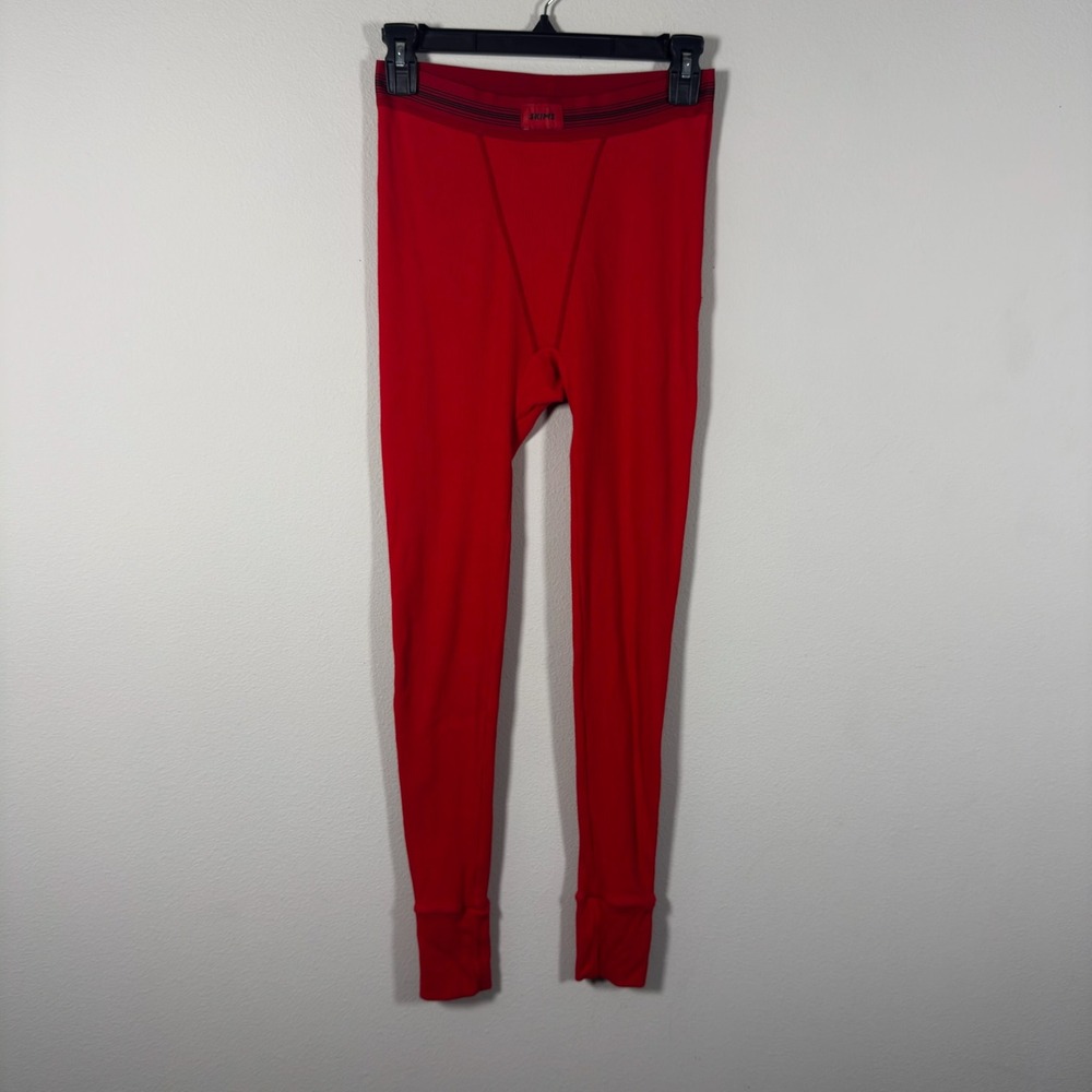 SKIMS Cotton Ribbed Thermal Leggings Red Striped Logo Waistband Small